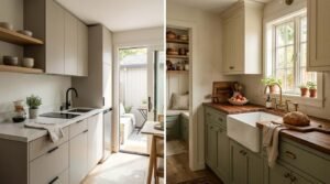 Side-by-side comparison of modern minimalist and rustic farmhouse ADU kitchen design styles