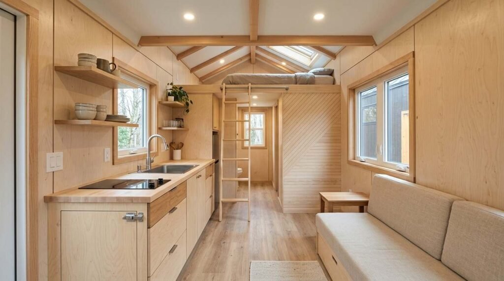 Tiny home on wheels interior featuring lightweight plywood walls, wood accents, luxury vinyl flooring, custom cabinetry, butcher-block countertop, durable finishes, and warm natural lighting.