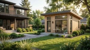Modern detached accessory dwelling unit with vertical wood siding, shed roof, concrete patio, and large glass doors in a landscaped backyard next to the main house.