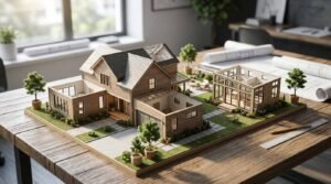 Detailed architectural diorama scale model displaying three common ADU types on a single residential parcel: an attached home addition wing with cutaway roof, a converted garage unit, and a separate standalone detached backyard ADU cottage with an exposed interior layout, set on an architect's desk with rolled blueprints and an architect's scale ruler.