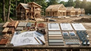 Side-by-side comparison of custom handcrafted wood framing versus standardized home construction with raw materials and blueprints on workbench