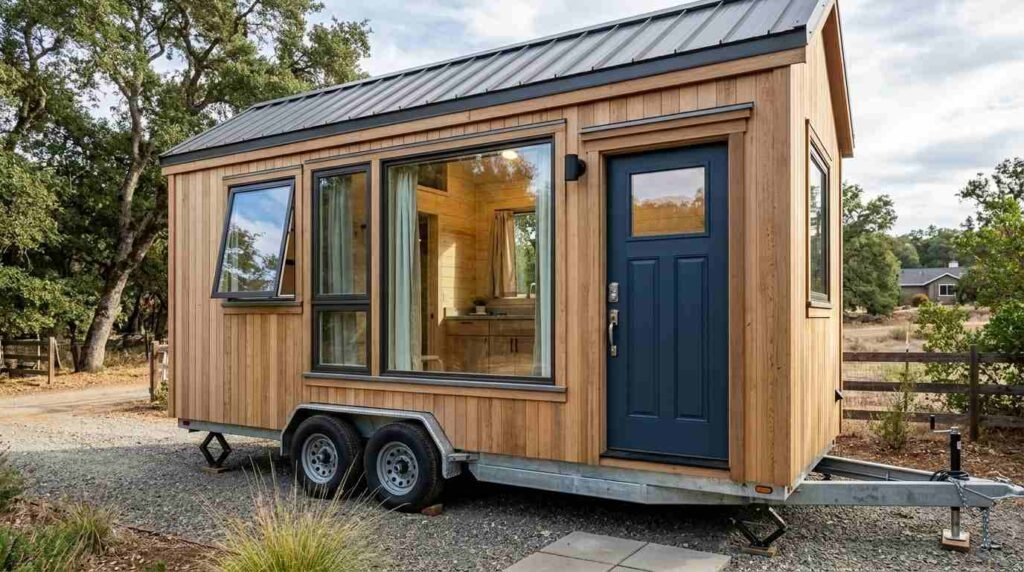Tiny home on wheels with energy-efficient double-pane windows, ventilation windows, insulated entry door, secure hardware, flashing, weather seals, and durable mobile-home detailing.