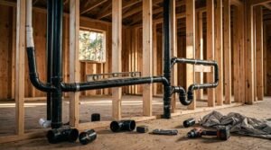 Rough-in drain waste vent DWV plumbing installation with black ABS pipes, P-trap, and spirit level inside timber wall framing
