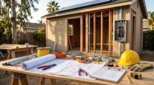 Electrical blueprints, tools, and hardhat on a job site table in front of a backyard ADU under electrical rough-in construction