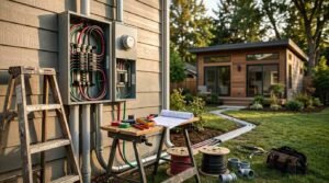 Open electrical breaker panel and subpanel wiring on house exterior running conduits to backyard ADU