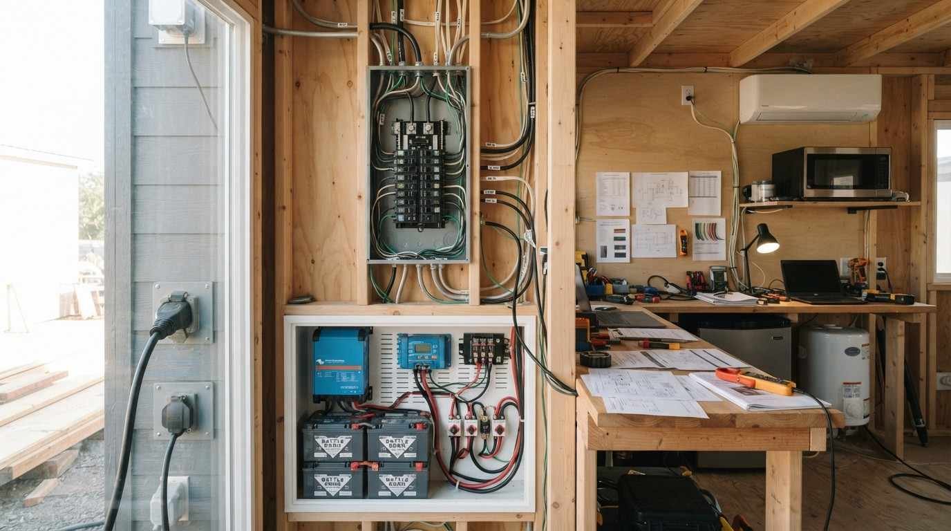 Tiny home electrical system showing a professionally sized distribution panel, 50-amp and 30-amp service, high-demand appliances, inverter, battery bank and organised wiring for calculated electrical loads.