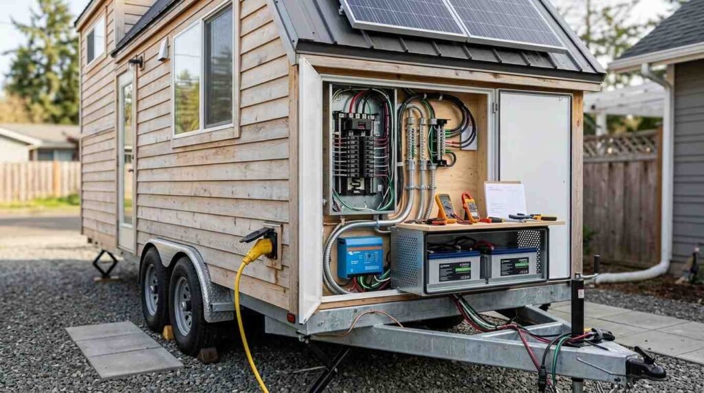 Tiny home on wheels with engineered electrical panel, shore-power connection, rooftop solar, inverter-charger, battery storage, and protected wiring designed for mobile use.