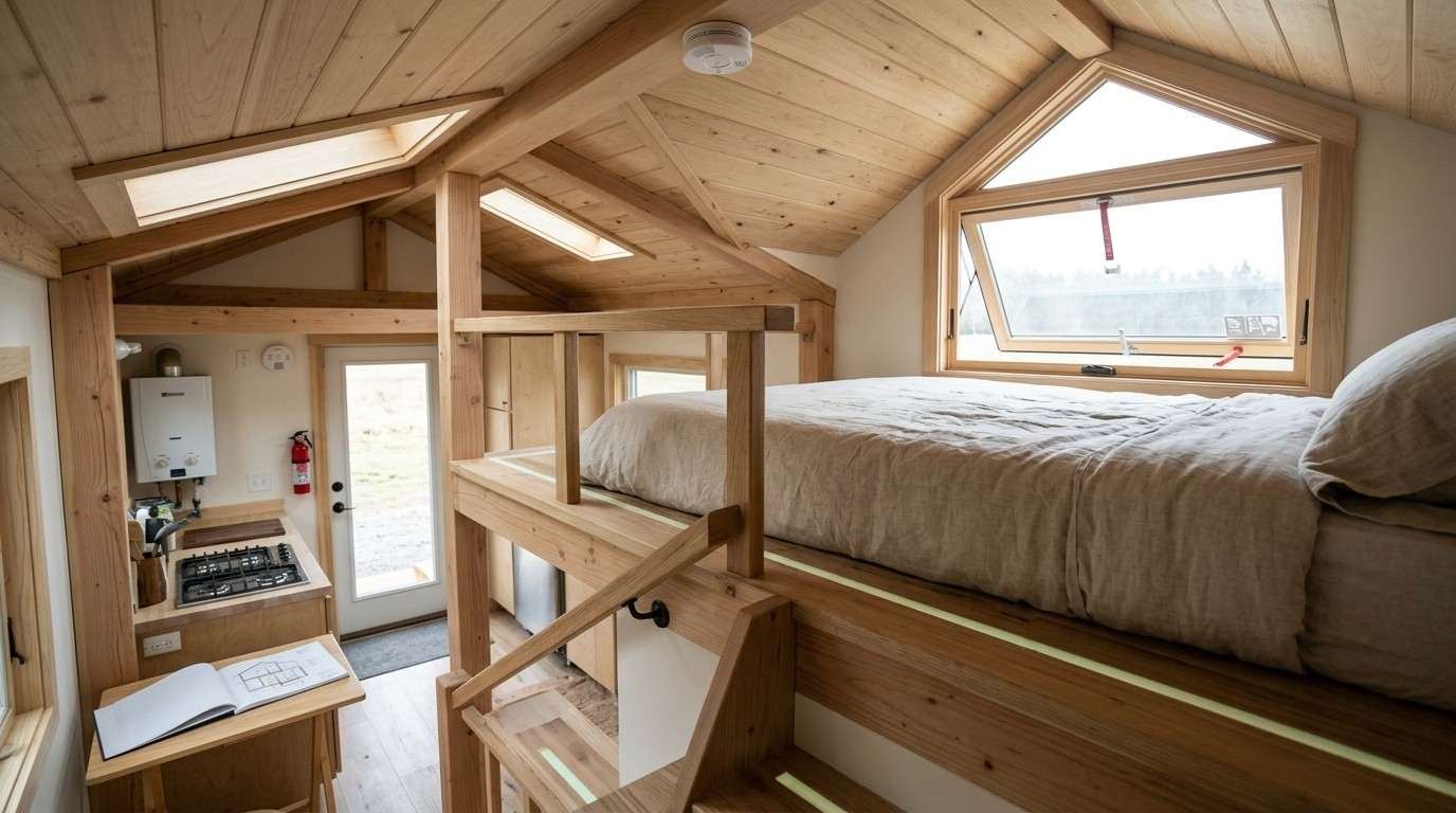 Tiny home sleeping loft with an accessible emergency egress window, clear escape path, handrail, glow markers, smoke alarm and carbon monoxide alarm for fire safety.