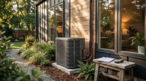 High-efficiency central air heat pump condenser unit installed outside a modern ADU on a concrete pad beside garden landscaping