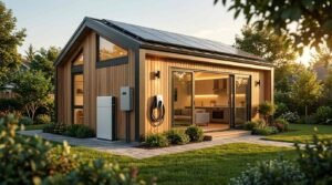 Modern backyard ADU with rooftop solar panels, home battery storage, and outdoor EV charger