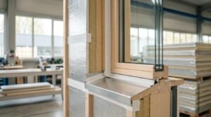 Cross-section of an energy-efficient triple-glazed wood window frame with wall insulation