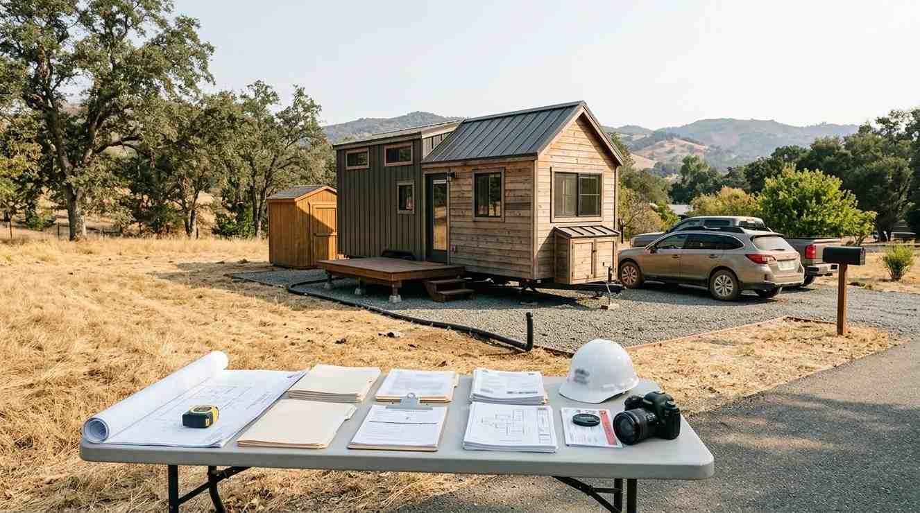 California tiny home property showing potential code enforcement triggers, including visible utilities, vehicles, added structures, and compliance documents for zoning and permits.