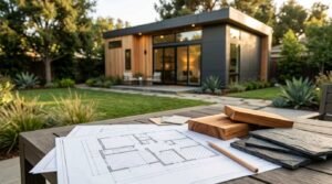 Architectural floor plans, timber wood blocks, and slate material samples on patio table overlooking completed backyard ADU