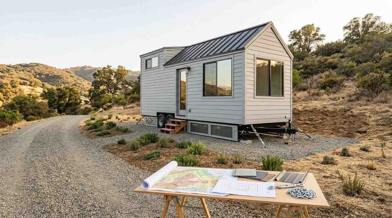 California tiny home on wheels in a high wildfire hazard area with fire-resistant materials, defensible space, emergency access, and secure anchoring systems.
