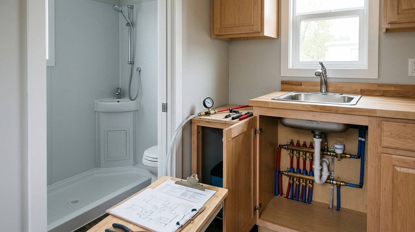 Compact THOW bathroom and kitchen showing low-flow fixtures, a waterproof wet bath, accessible plumbing service panels, organised PEX lines, labelled valves and documented pressure testing.