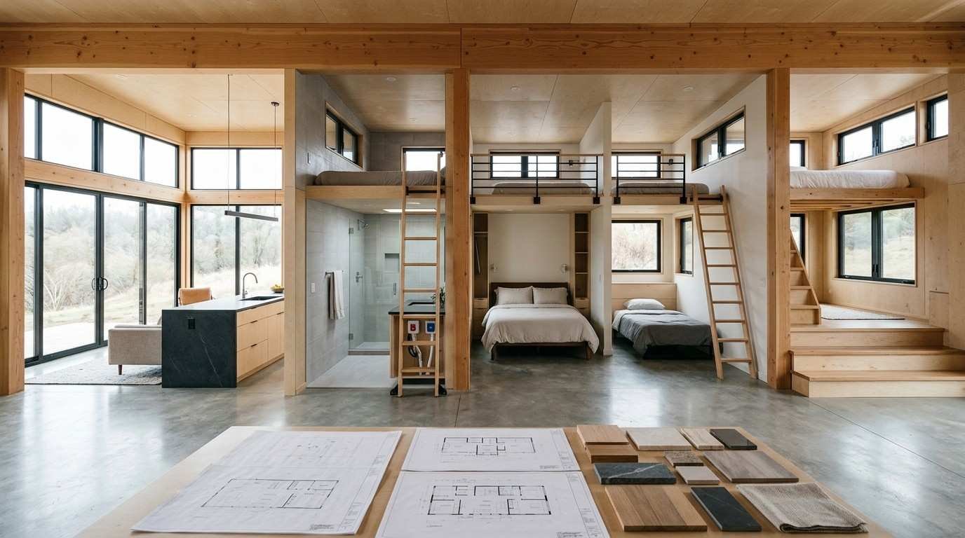 Five tiny house on wheels layout archetypes showing great-room, loft-over-bath, ground-floor bedroom, dual-loft, and gooseneck floor-plan concepts with varied circulation and sleeping arrangements.
