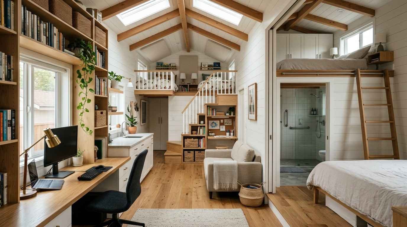 Tiny house on wheels interior illustrating four lifestyle layouts: remote-work space, couple storage, family sleeping zones, and accessible aging-in-place design.