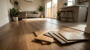 Luxury vinyl plank and tile flooring samples laid out inside a modern ADU living room