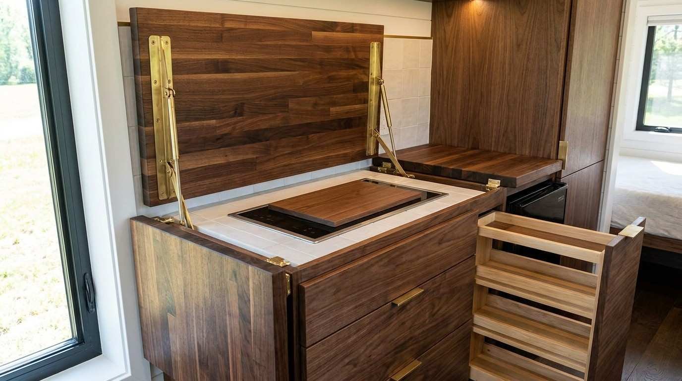 Fold-Down Convertible Kitchen Island for Tiny Homes