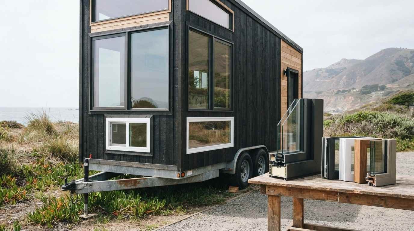 Tiny home on wheels with lightweight aluminum and fiberglass window frames, a visible window cross-section, and material samples comparing vinyl, composite and wood-clad frames.