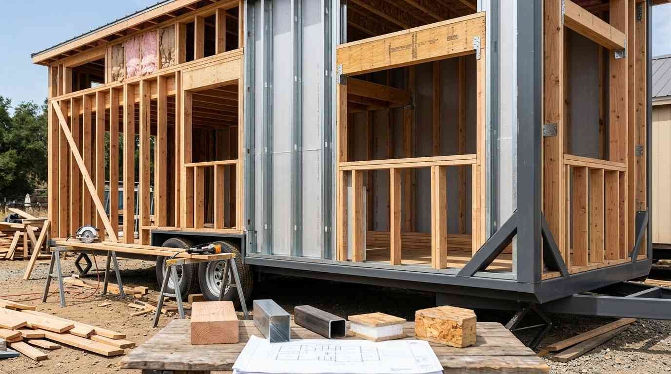 Tiny home framing comparison showing timber, cold-formed steel, engineered wood and hybrid steel-and-wood construction with insulation and structural connections visible.