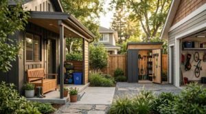 Backyard ADU patio entrance with outdoor storage shed and organized garage workshop