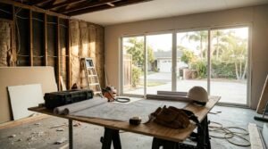 Garage conversion to ADU underway with exposed insulation, wood framing, blueprints, and sliding glass patio door