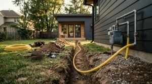 Underground yellow gas line pipe trench running from home meter to backyard ADU