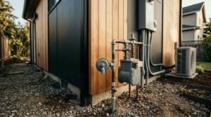 Natural gas meter and pressure regulator piping installed along exterior siding of modern backyard ADU