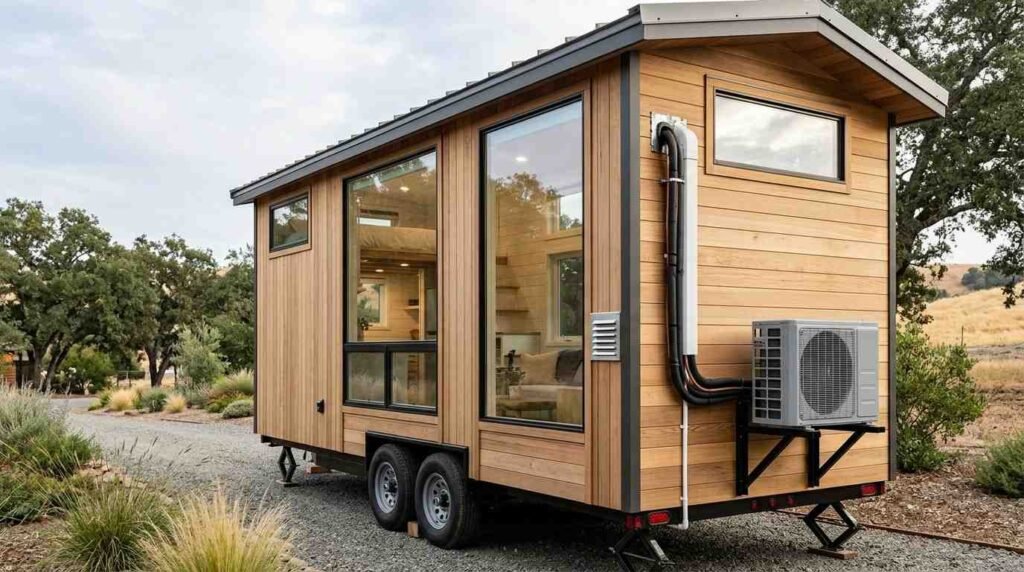 Tiny home on wheels with a ductless mini-split heat pump, insulated envelope, energy-efficient windows, ventilation system, and climate-control features for year-round comfort.
