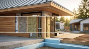 Cutaway cross-section of energy-efficient home wall and slab insulation showing continuous thermal layers and exterior timber siding
