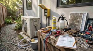 HVAC manifold gauges, coil cleaner, air filters, and service checklist on workbench next to outdoor mini-split heat pump unit