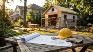 Architectural house plans, yellow hard hat, and tape measure on patio table overlooking framed backyard ADU construction