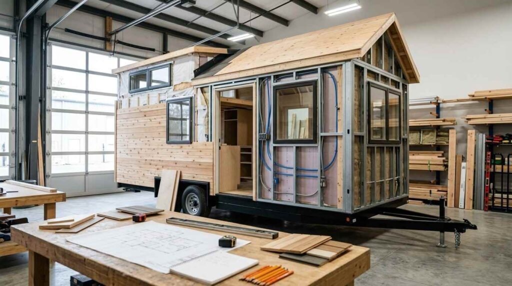 Tiny home on wheels under professional construction with structural framing, plumbing, electrical systems, cabinetry, organized plans, and quality craftsmanship illustrating the custom build process.