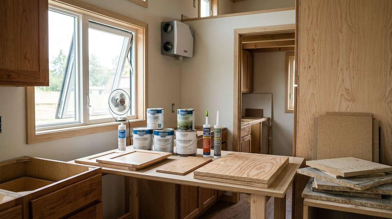 Tiny home interior featuring low-VOC paint, plywood and solid wood finishes, healthier flooring materials, low-emission adhesives and ventilation for improved indoor air quality.