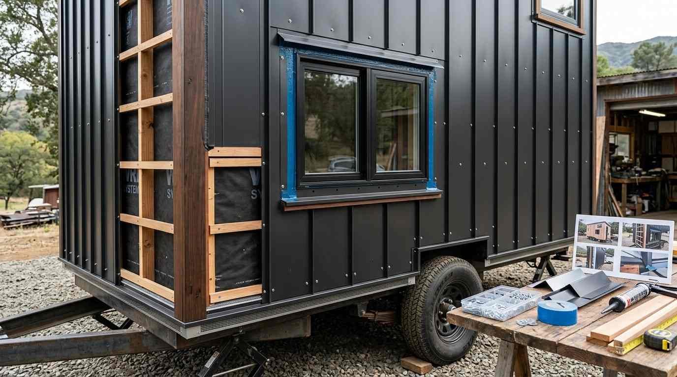 Tiny home siding installation showing precise fastener spacing, aligned cladding, flashing, sill pan, rainscreen cavity, sealed joints and vented lower-edge detailing.
