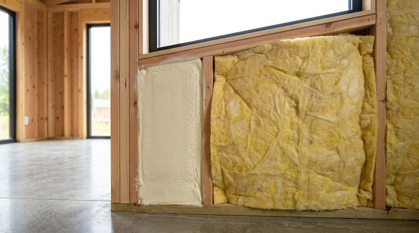 : Tiny home wall under construction showing spray foam and fiberglass batt insulation between wood studs.