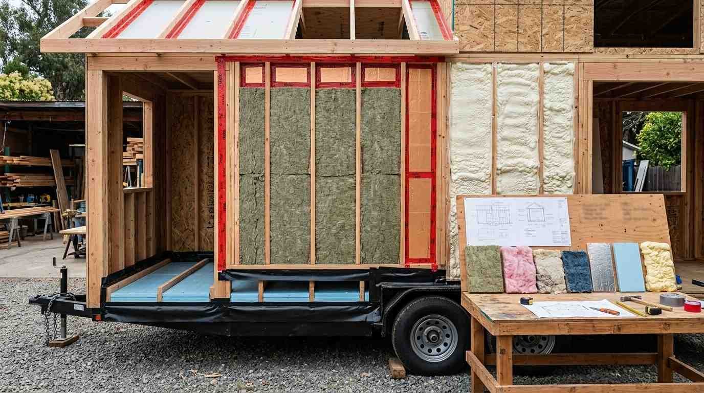 Tiny home insulation assembly showing mineral wool, closed-cell spray foam, rigid exterior foam and insulated floor construction, with natural and synthetic insulation samples nearby.