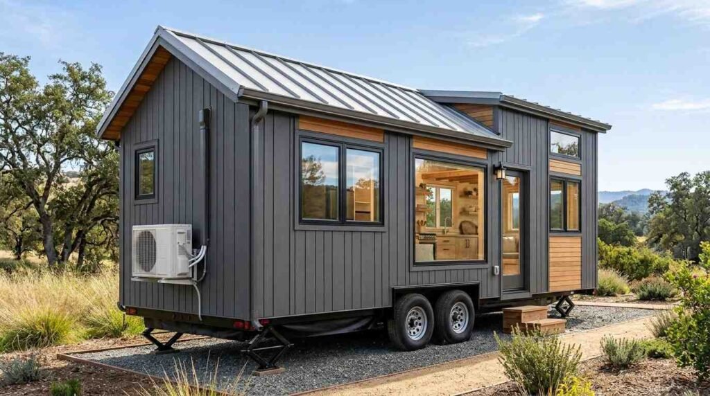 Tiny home on wheels with an insulated building envelope, energy-efficient windows, protected underbelly, and ductless mini-split heat pump for year-round climate control.