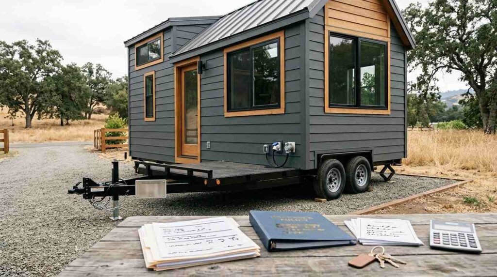 Tiny home on wheels with professional trailer construction and organized financing, certification, and insurance documents representing THOW lending and coverage considerations.