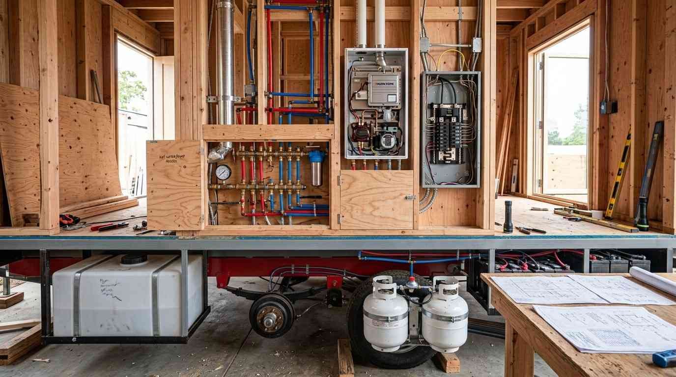 Tiny home rough-in showing integrated plumbing, electrical and mechanical systems, accessible service panels, centralised heavy components, axle-load planning and tested connections before finishes are installed.