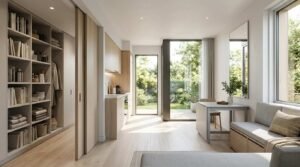 Sunlit modern ADU interior featuring floor-to-ceiling built-in storage with sliding pocket doors, modular dining table, bench with storage, and garden views.