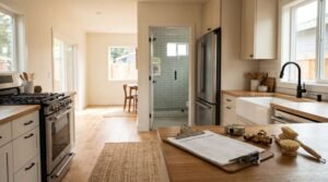 Interior maintenance checklist and hand tools on kitchen counter overlooking open-plan ADU kitchen, bathroom, and living area