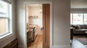 Open wooden sliding pocket door revealing a compact Junior ADU efficiency kitchenette and dining nook within an existing residential home.