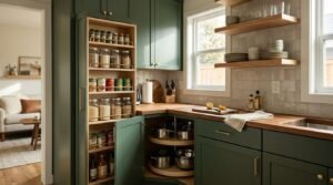 Green ADU kitchen cabinets with pull-out spice rack pantry and corner lazy susan organizer