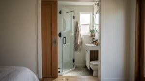 Compact ADU bathroom layout with wooden sliding pocket door, corner glass shower, and small vanity