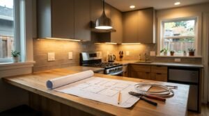 ADU kitchen electrical wiring blueprint, pendant light, and under-cabinet LED task lighting