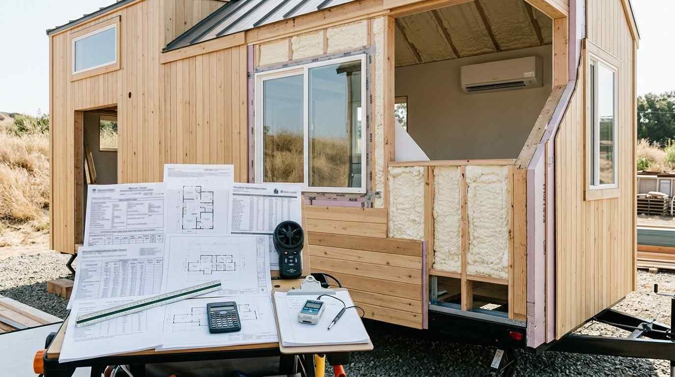 Compact tiny home HVAC sizing scene showing a correctly scaled mini-split, insulated envelope, steel thermal bridge and Manual J-style load calculation materials for climate-based equipment selection.