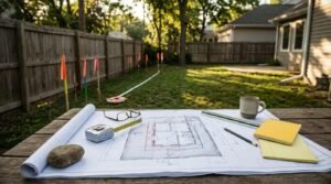Architectural site plan blueprints with measuring tape on wooden table overlooking backyard survey stakes for ADU setback planning