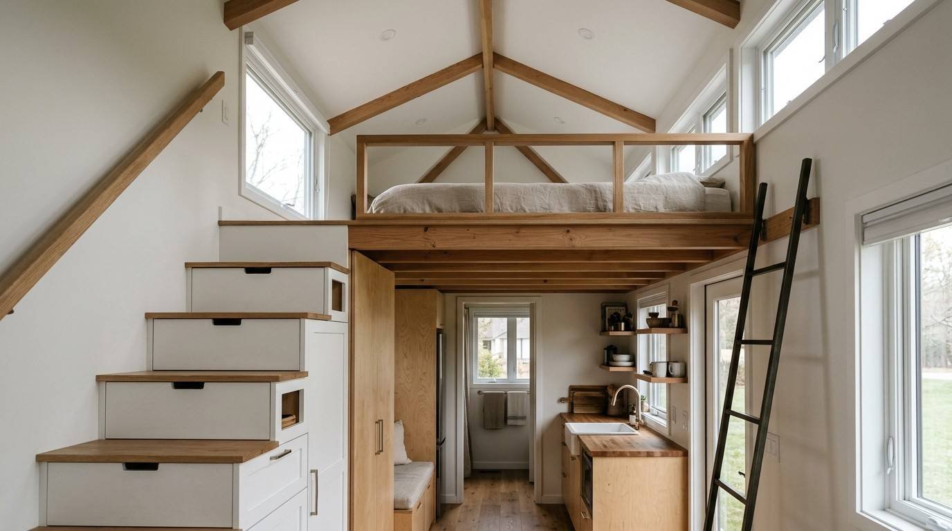 Tiny house on wheels interior with a sleeping loft, generous headroom, emergency egress window, storage staircase, and contrasting ladder access illustrating loft design trade-offs.